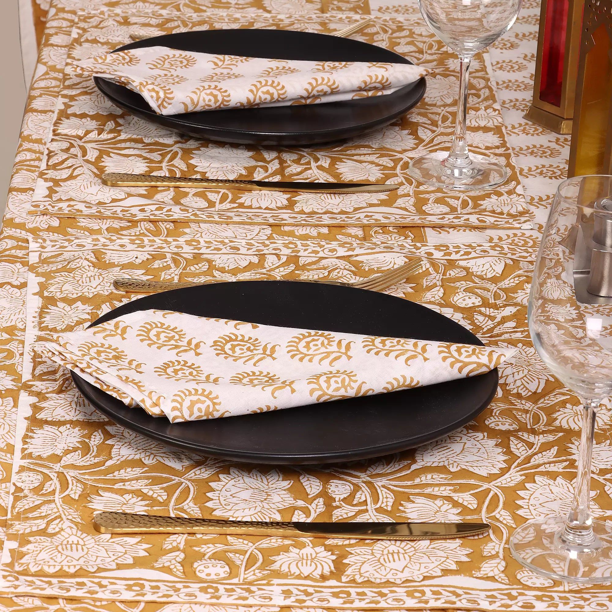 Traditional Hand Block Brown Floral Print Pure Cotton Table Cover